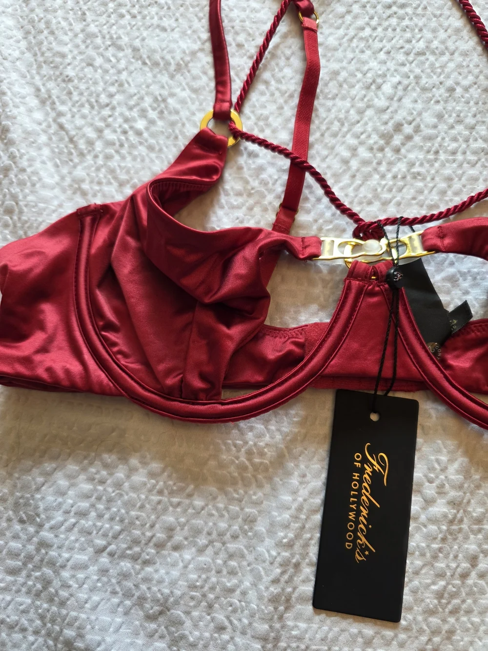 Frederick's of Hollywood Crimson Satin Underwire Bra with Gold Accents And Rope